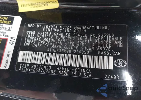 2011 Toyota Camry Le from USA, damaged, VIN 4T1BF3EK2BU230990